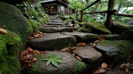 Serene Pathway Through Lush Greenery Leading to a Tranquil Cottage Surrounded by Nature's Beauty in an Idyllic Landscape