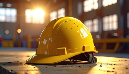 Yellow Hardhat on Concrete Surface in Industrial Setting with Golden Sunset Light Ultra Sharp Detail