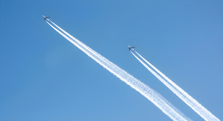 Two planes soaring through a clear blue sky, leaving behind long white contrails that stretch upward.
