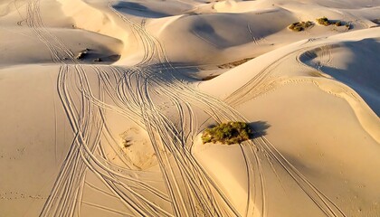 Aerial view of sand dunes with tire tracks