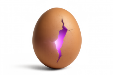 Egg cracking open with glowing purple light, showing new beginning, birth, creativity, and potential concepts