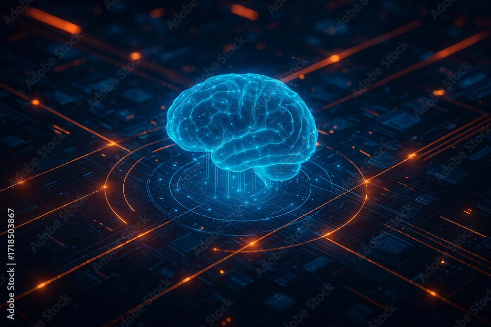 Poster ai generated holographic brain glowing above circuit board representing intelligence neural network 