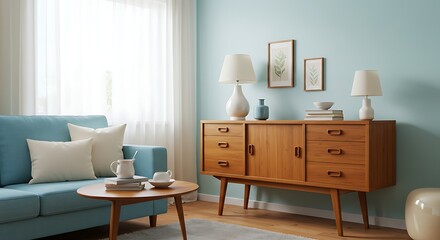 Obraz premium Modern Living Room with Blue Sofa Wooden Sideboard and Decorative Lamps in Bright Natural Light