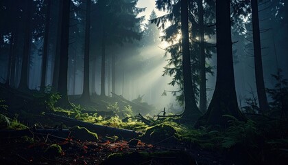 Fototapeta premium Sunlit Forest Scene with Dense Green Trees and Foggy Atmosphere with Sunbeams Through Trees in Cinematic Style