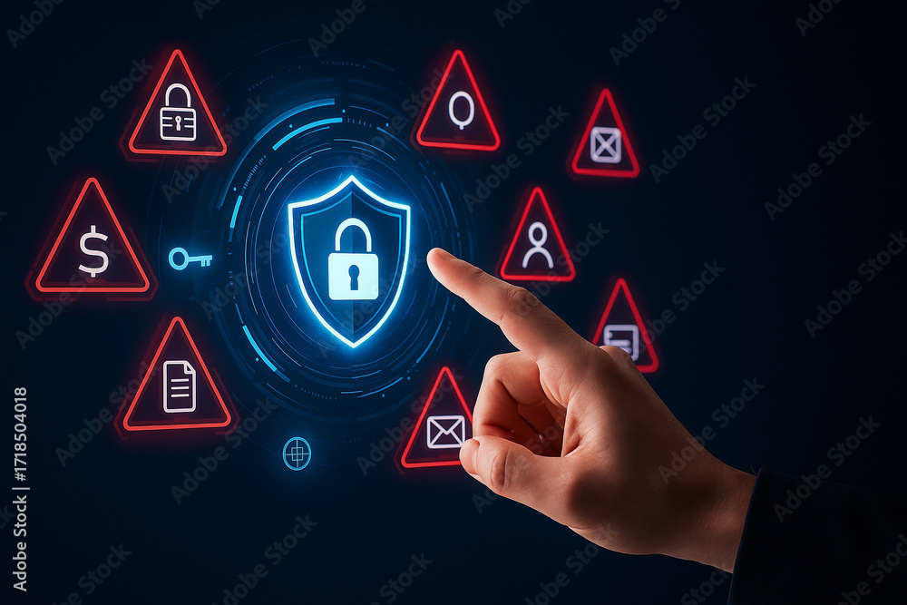 Poster ai generated concept of hand pointing at glowing shield with lock surrounded by warning icons symbol