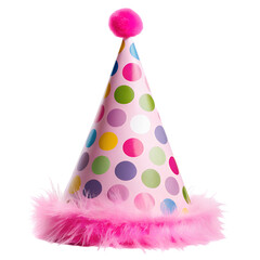 Festive birthday hat with colorful polka dots and pink fluffy trim, isolated on a white background. Detailed illustration