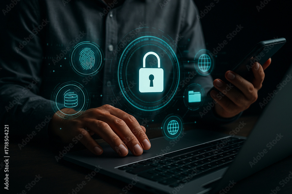 Poster ai generated illustration of cybersecurity concept with glowing lock icon biometric fingerprint and 