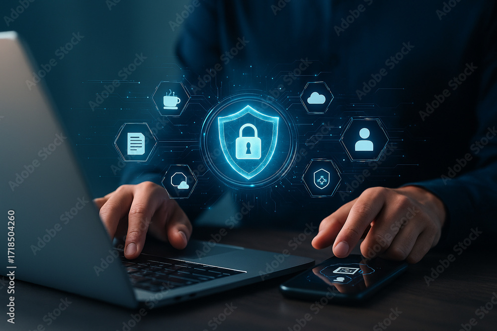 Poster ai generated illustration of digital cybersecurity shield with glowing lock symbolizing secure data 