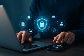 AI generated illustration of digital cybersecurity shield with glowing lock symbolizing secure data protection privacy defense and safe online communication