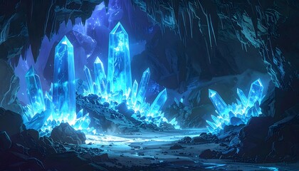 Crystalline cave glowing with blue light