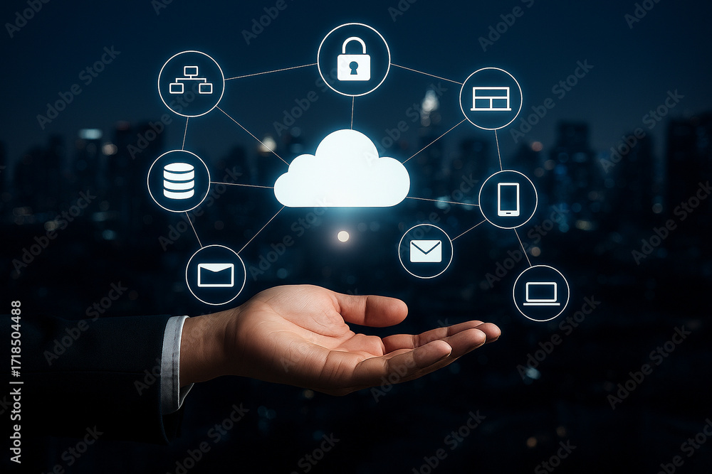 Poster ai generated illustration of cloud computing with glowing icons representing data storage connectivi