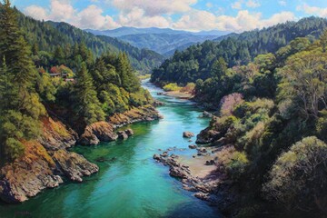 High Angle View Of Turquoise River Winding Through Lush Forest