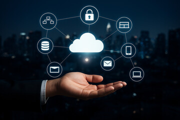 AI generated illustration of cloud computing with glowing icons representing data storage connectivity security business communication and modern digital technology