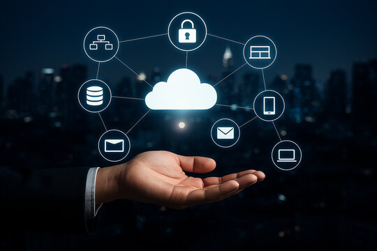 AI generated illustration of cloud computing with glowing icons representing data storage connectivity security business communication and modern digital technology