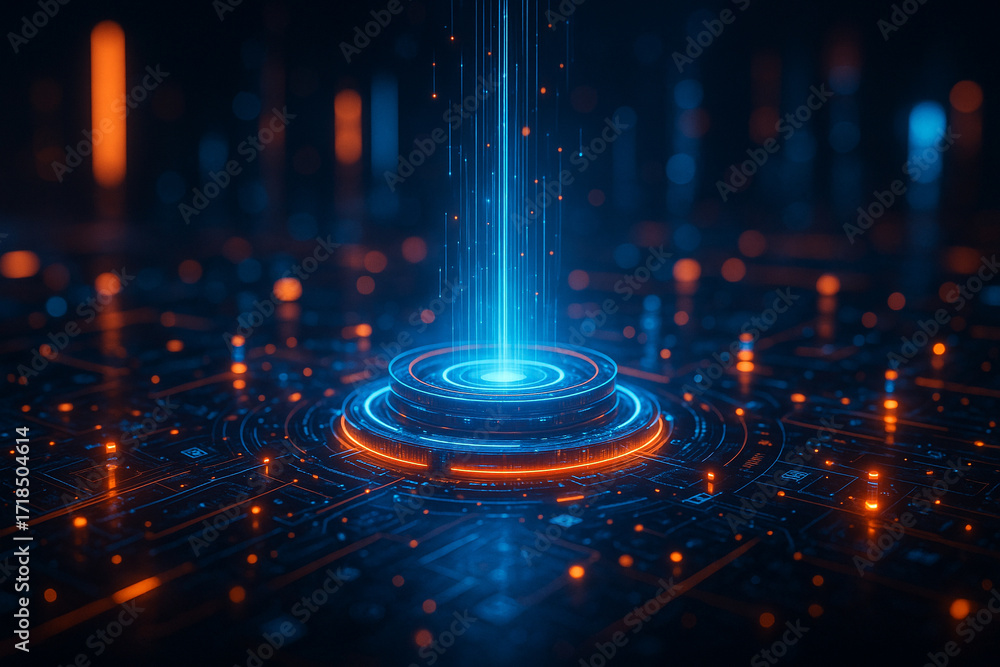 Poster ai generated abstract illustration of glowing blue and orange holographic interface with light beams