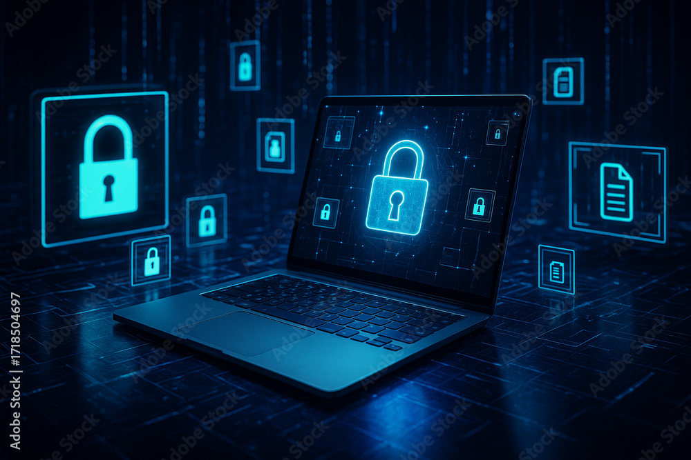 Poster ai generated futuristic illustration of glowing padlock icons on laptop screen symbolizing cybersecu
