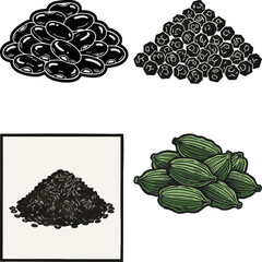 linocut print style fruits & plants