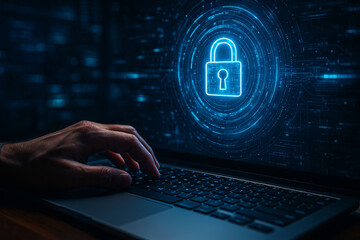 AI generated digital illustration of a glowing padlock symbol on a laptop screen representing cybersecurity data protection privacy and safe network connection in futuristic style