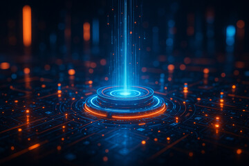 AI generated abstract illustration of glowing blue and orange holographic interface with light beams rising from circular platform representing futuristic data technology and virtual innovation
