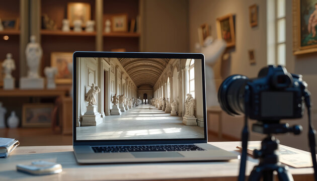 Laptop displays virtual museum show, offering online exploration of digital art, culture. Interactive gallery experience on screen historical heritage, multimedia collections for learning, discovery.