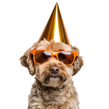 Cute dog with sunglasses and party cone hat, transparent background