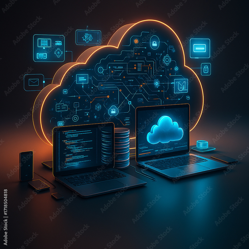 Poster ai generated futuristic illustration of glowing cloud hologram with laptops and digital icons repres
