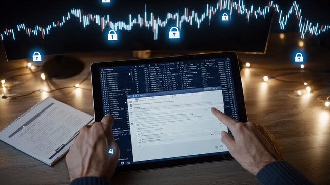 A hands-on tablet displays code while a laptop, notebook and warm lights create a focused workspace for programming and cybersecurity tasks.
