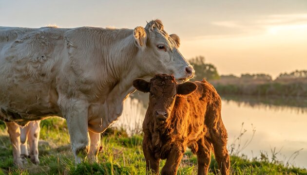 Cow and calf by river at sunset