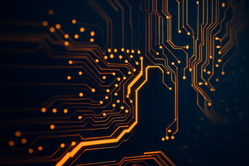AI generated close up futuristic circuit board glowing with orange neon lines abstract technology visualization symbolizing data flow connection cyberspace and digital system