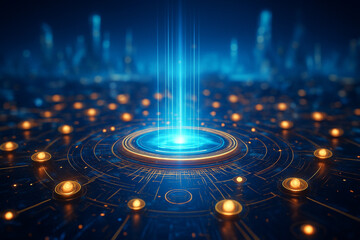 AI generated glowing blue energy portal with golden lights abstract futuristic design symbolizing technology innovation digital power and virtual connection in cyber world