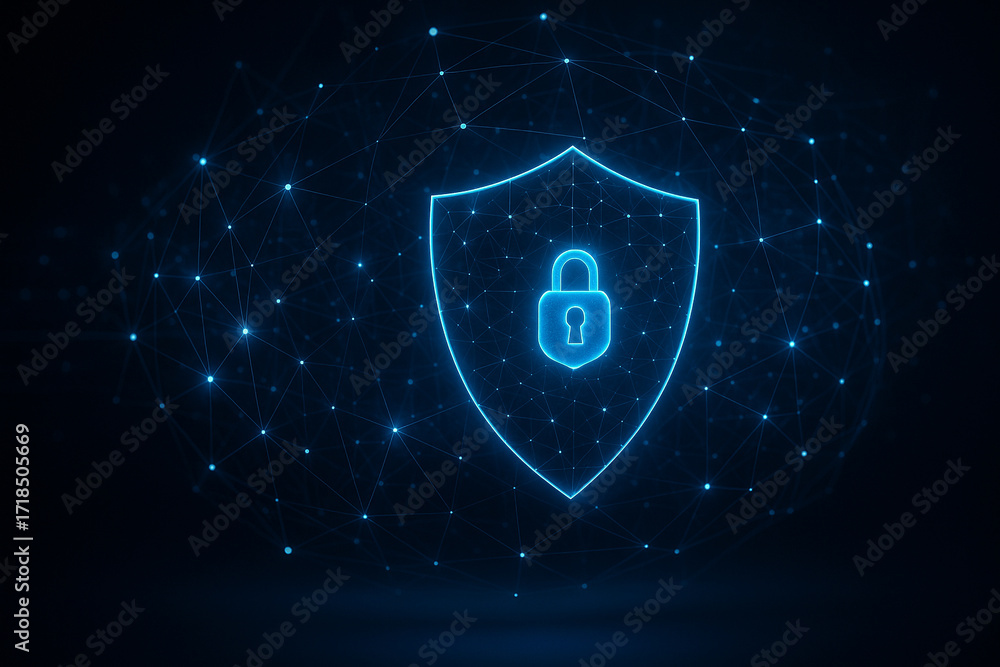 Poster ai generated glowing blue shield with lock symbolizing cybersecurity privacy protection secure netwo