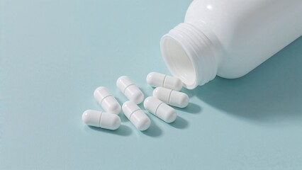 Spilled pills and bottle on blue surface