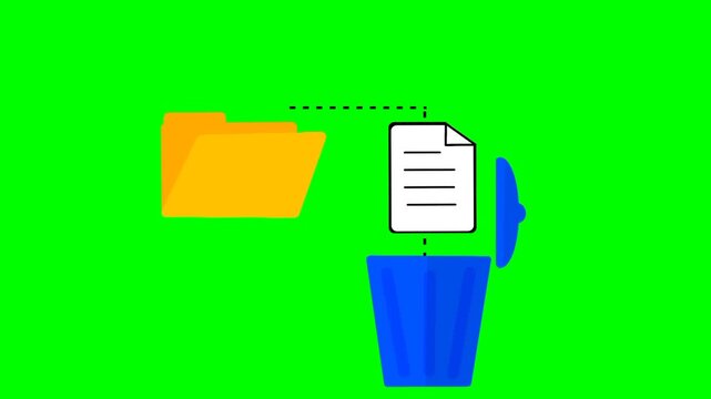 Deleting file animation with paper moving from folder to trash bin. Simple digital removal concept. Minimal clean flat style. Smooth workflow visualization.