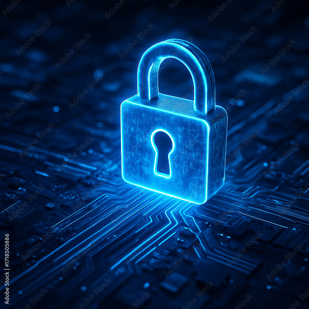 Poster ai generated glowing blue padlock on circuit board symbolizing cybersecurity data protection encrypt