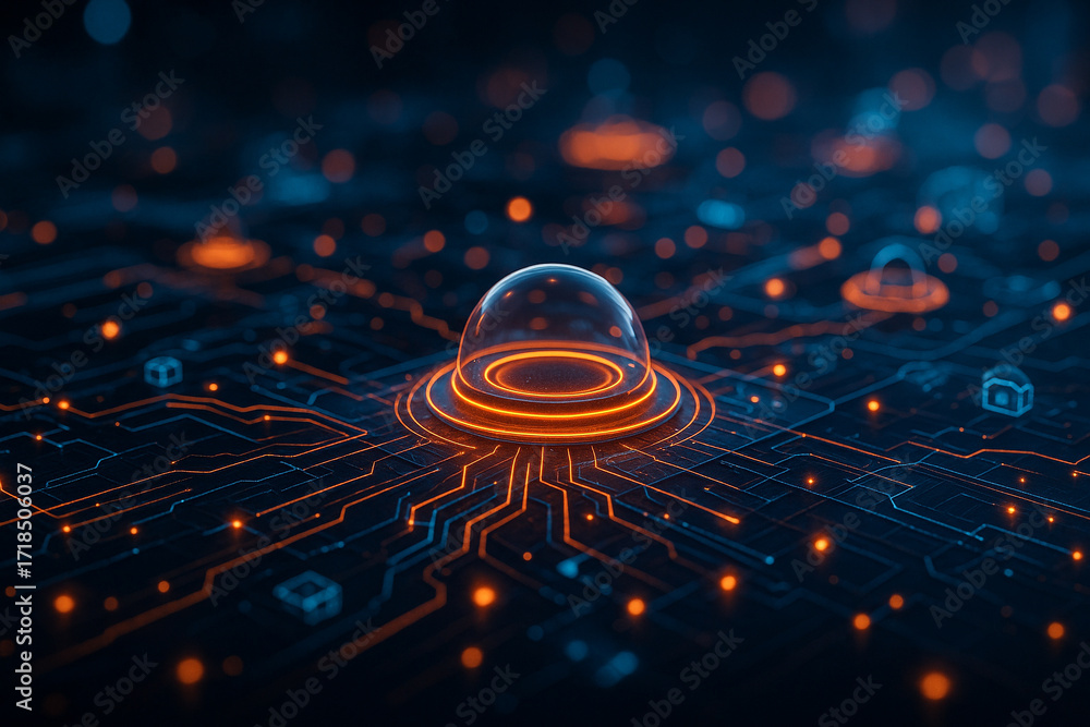 Poster ai generated glowing digital dome shield over circuit network symbolizing cybersecurity data protect
