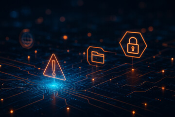 AI generated glowing digital warning icon with lock and folder symbols representing cybersecurity risk data breach alert encryption privacy threat and secure network protection