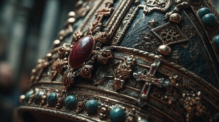 Intricate jeweled mitre with gold filigree and ornate decorations detail