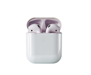 Pair of white earbuds with a case