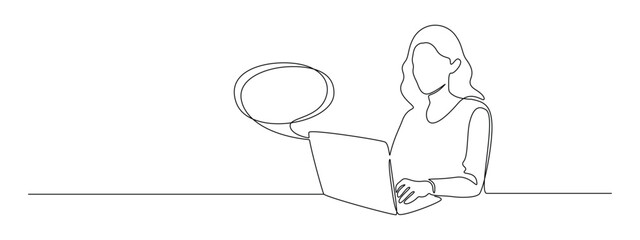 Woman with laptop computer in one continuous line drawing. Symbol of online texting and dialogue in simple linear style. Speech balloon in Editable stroke. Outline vector illustration