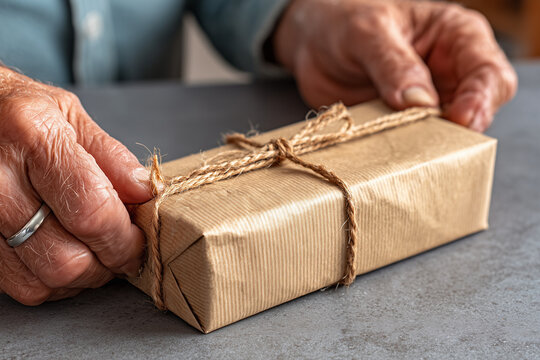 Hands tying string on craft paper wrapped package