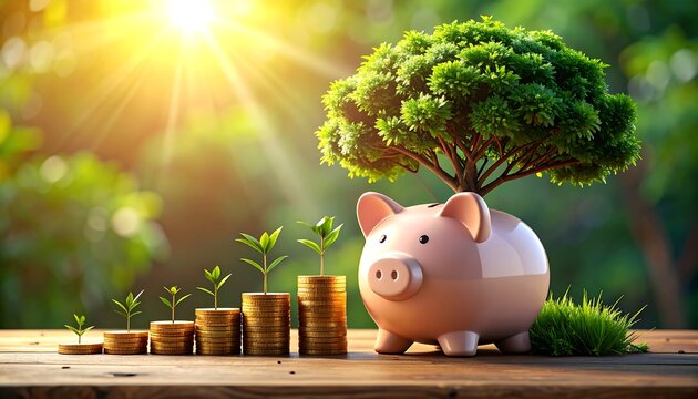Piggy bank with growing money & tree - Powered by Adobe