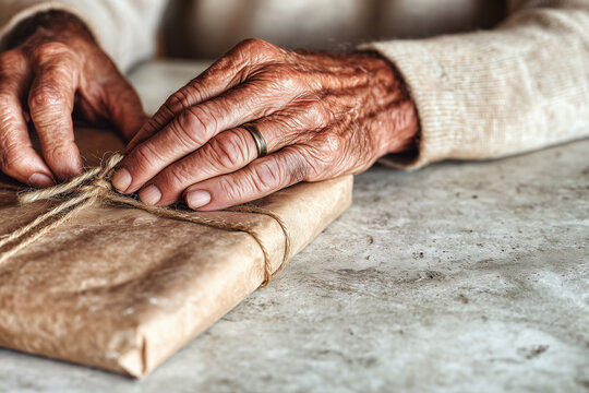 Elderly hands wrapping parcel in brown paper with string