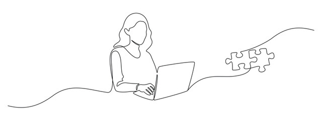 Woman with laptop computer and puzzle in one continuous line drawing. Search for solution in simple linear style. Missing part and dating concept in Editable stroke. Outline vector illustration