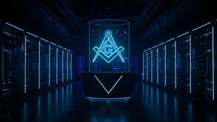 Masonic compass and square suspended above a futuristic, sleek, and minimalist altar, encircled by an array of luminescent server racks that cast an ethereal glow, evoking a dark