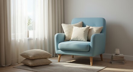 Light Blue Armchair with Cushions in Modern Living Room with Natural Light