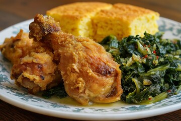Southern Comfort Food Photography: Crispy Fried Chicken, Sweet Cornbread, and Nutritious Collard Greens - A Hearty Homemade Meal of Culinary Delight.