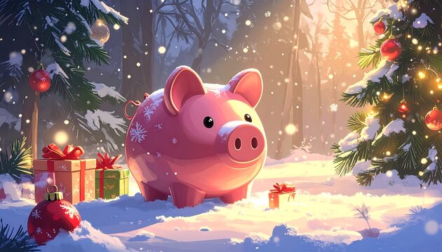 Festive piggy bank in snowy forest
