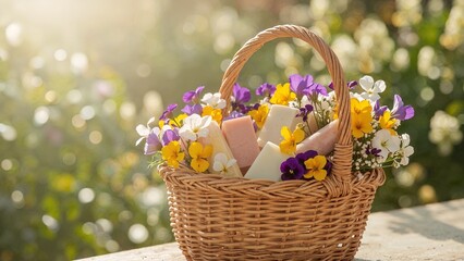 Wicker basket soap and flowers in sunlit garden