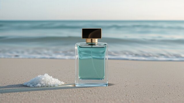 Elegant beachfront perfume bottle with serene ocean