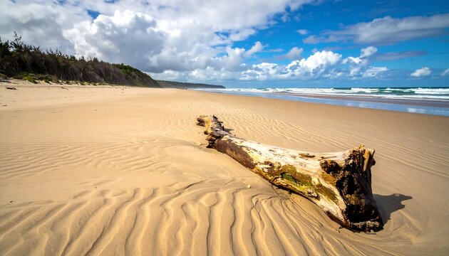 Driftwood rests on a pristine beach, waves rolling in under a vibrant sky